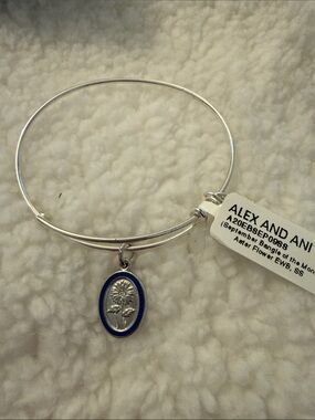 Alex and Ani Silver Bracelet with Blue aster September flowerOval Charm